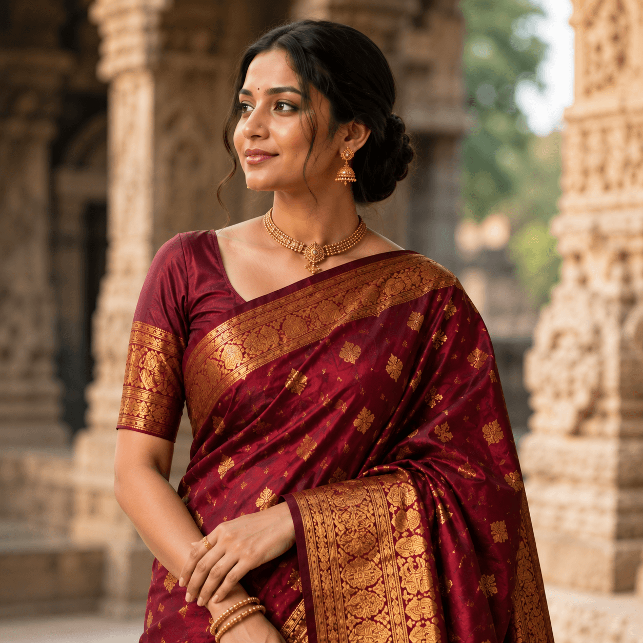 Maroon Temple Border Kanchipuram Silk Saree